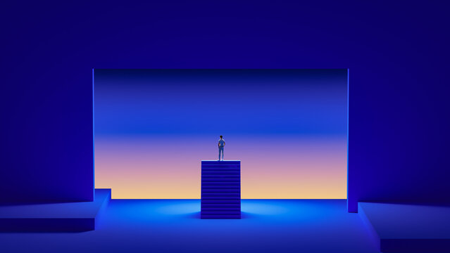 Lone Man Centered Above Staircase in Glowing Portal