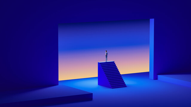 Man Standing Above Blue Stairs in Glowing Portal