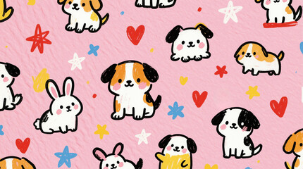 Obraz premium Cute hand drawn dog, rabbit characters on pink background. Playful doodle pattern with colorful stars, red hearts. Whimsical animal illustration for kids textile print, nursery wallpaper baby decor.