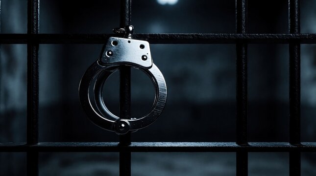 Metal handcuffs hang on black jail bars in a dark detention setting. Close up of restraint symbolizing crime and justice. Legal system concept with blurred background.