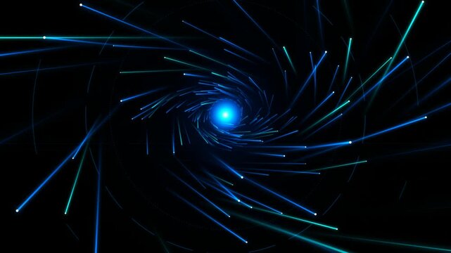 Futuristic neon blue light trails swirling into a cosmic data vortex warp tunnel animation