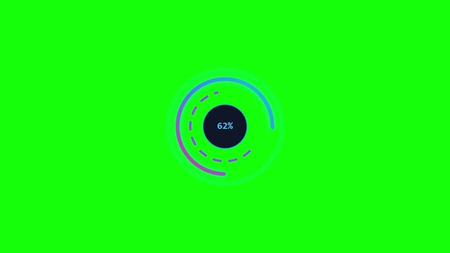 Circular progress loading bar with neon gradient ring animation displaying percentage data increments on a vibrant solid green background screen