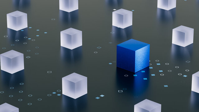 Blue Technology Cube Standing Out in Digital Network