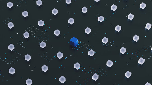Glowing Cubes Across a Futuristic Technology Network