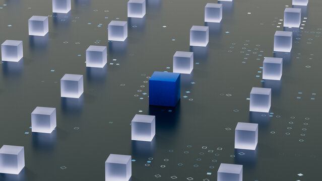 Blue Cube Leading an Abstract Network of Digital Blocks