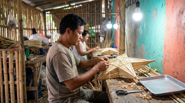 Filipino artisan assembles a bamboo parol frame