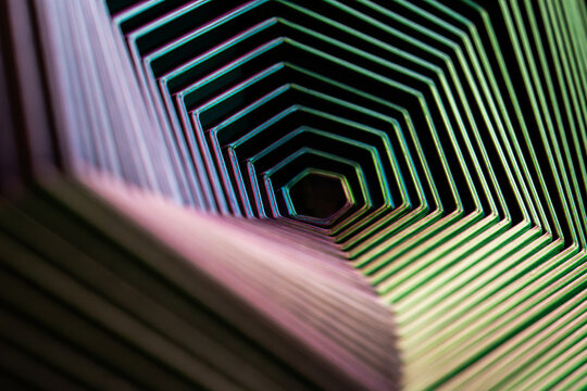 Abstract geometric tunnel with colorful neon lines