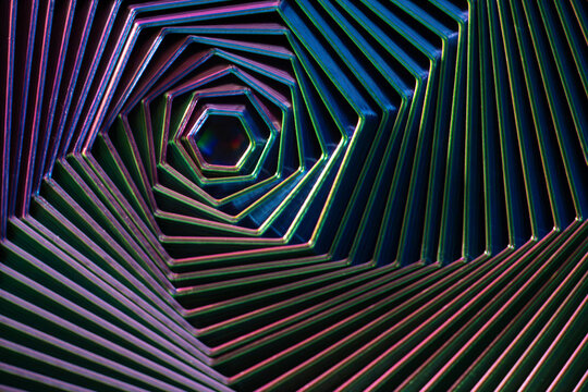 Neon geometric spiral tunnel abstract background