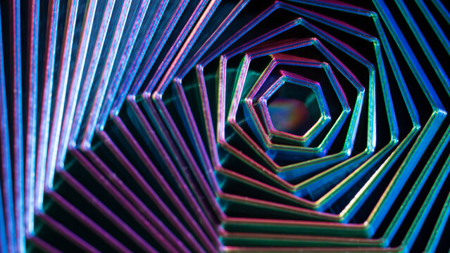 Neon geometric spiral tunnel abstract background