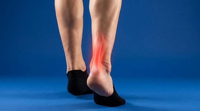 Close-up of human ankles with red glowing highlight on the Achilles