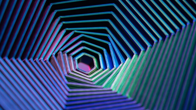 Neon geometric tunnel with abstract hexagonal perspective