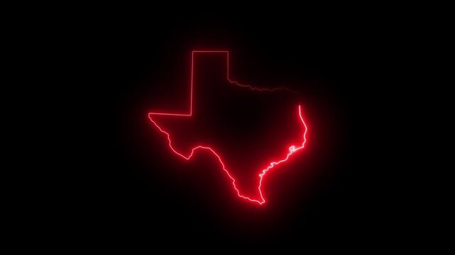 Glowing red neon outline map of texas state, digital technology concept, isolated on black background