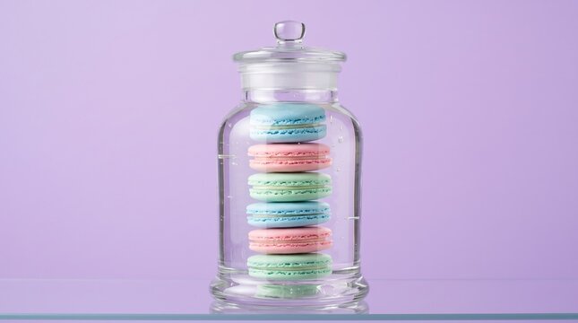 A stack of colorful macarons inside a clear glass jar on a purple background creates a playful pop-art concept with vibrant pastel tones and surreal visual appeal.