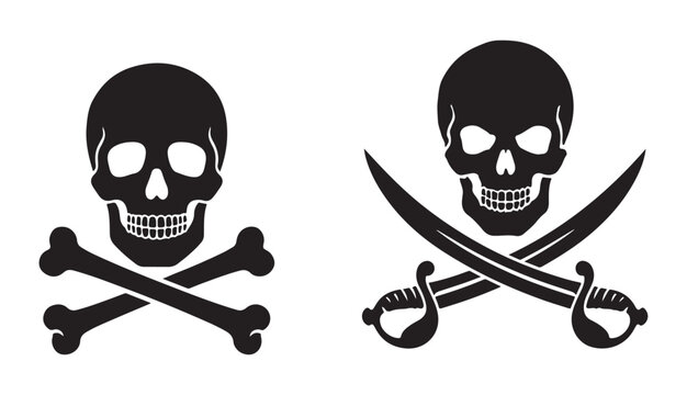 Pirate jolly roger flag black silhouette symbols of human skull with crossbones and saber swords.