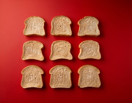 sliced bread pieces arranged on a red background