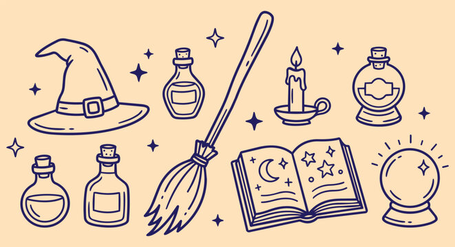 Set of hand drawn witch magic elements including hat broom potion bottles candle spell book and crystal ball halloween witchcraft doodle style vector illustration isolated on cream background