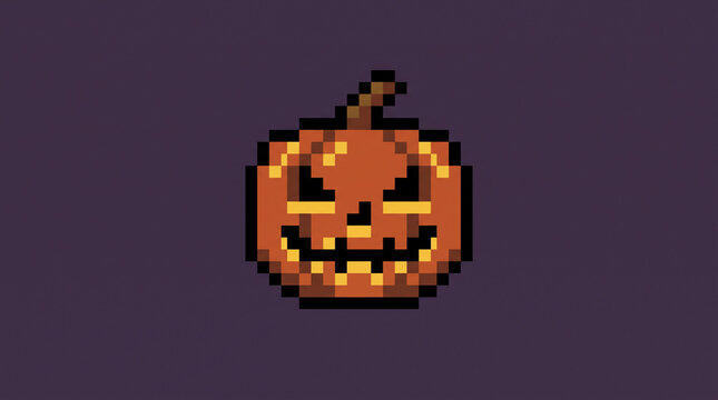Pixel art 8 bit halloween jack o lantern pumpkin centered on dark purple background with copy space