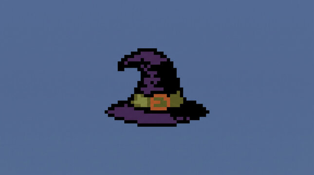 Pixel art 8 bit witch hat centered on blue background with copy space for halloween or gaming