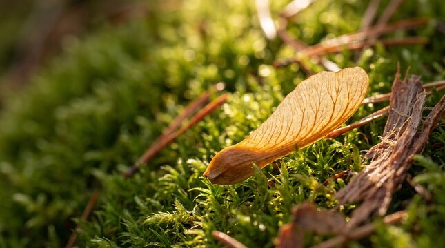 Single winged seed resting on sunlit moss