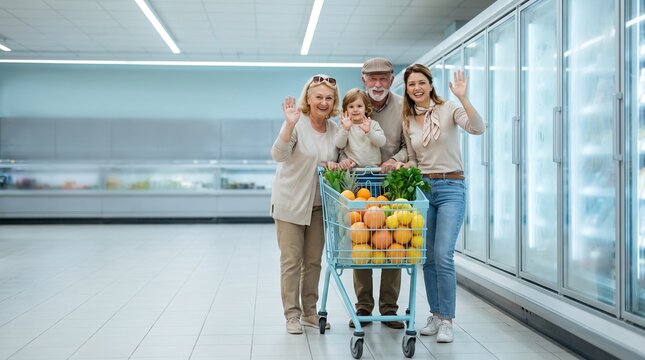 Friends wave goodbye beside the frozen food aisle