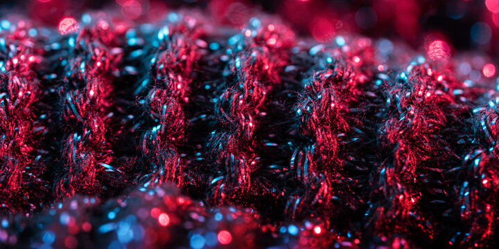 Macro texture of dark knitted fabric with neon highlights