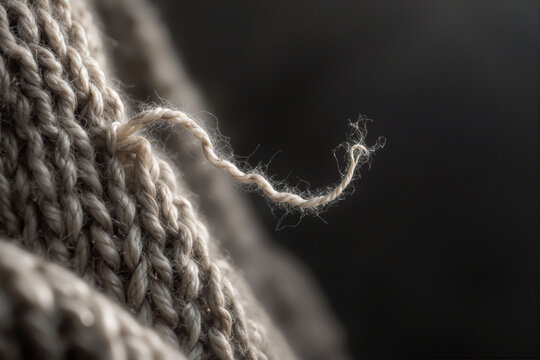 Loose wool thread on beige knitted fabric, close-up