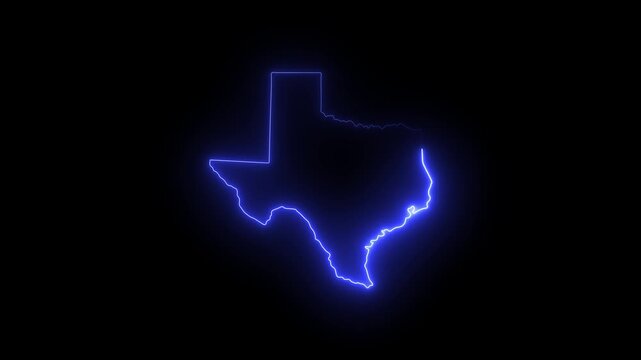 Neon blue texas state map outline glowing on black background