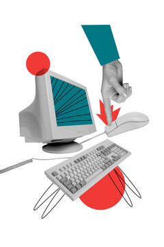 Vertical collage image human hand body fragment press mouse button click computer equipment drawing doodles pc monitor screen