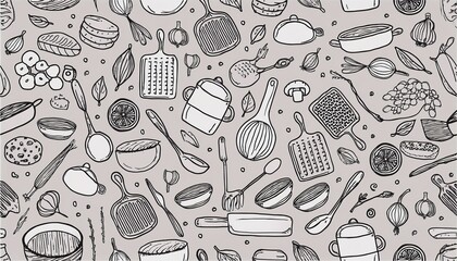 Slats personalizados para cozinha com sua foto hand drawn kitchen utensils and food ingredients seamless pattern
