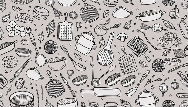 hand drawn kitchen utensils and food ingredients seamless pattern