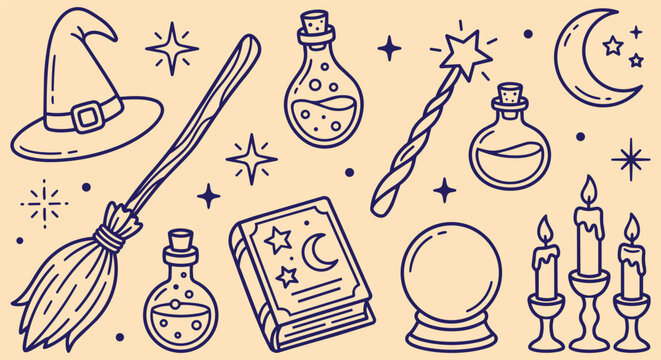 Set of magic witch tools including hat broom wand potion bottles spellbook with moon cover crystal ball and lit candles hand drawn halloween doodle vector illustration isolated on cream background