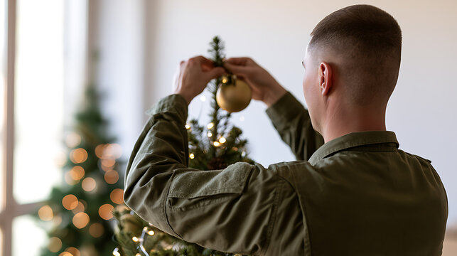 A proud military soldier in uniform decorate a festive Christmas tree with golden baubles, celebrating winter holidays at home during leave