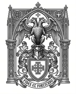 Medieval gothic coat of arms with double-headed eagle, cross shield, and Fides et Fortitudo banner, vintage engraving.