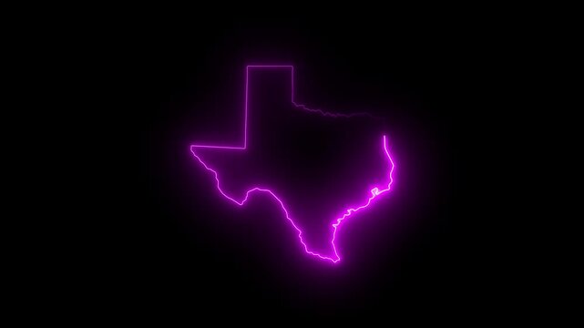 Glowing neon texas state map outline, pulsing purple light silhouette on black background, for modern digital, and tech presentations