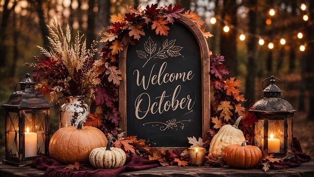 Welcome October Chalkboard with Pumpkins Lanterns and Autumn Flowers