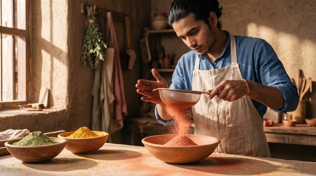 Artisan sifts natural powder for Holi celebration