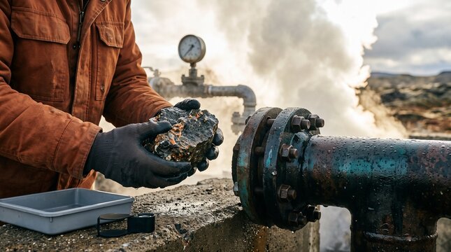 Geologist studies volcanic rock beside geothermal pipes