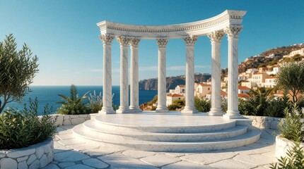 Obraz premium Ancient Greek columns form a stage for product display. White marble structure overlooks blue sea and Mediterranean village. Lush plants frame scenic viewpoint for beauty or travel.