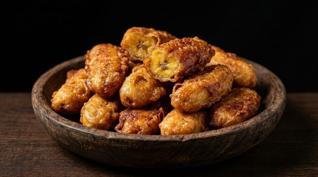 Golden fried bananas served on a wooden plate