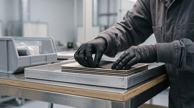 Worker assembles electrode layers in a clean production bay