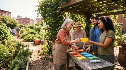 Obraz premium Neighbors sort heat observations in a community garden