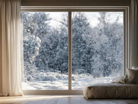 Cozy bedroom with large window showing snowy winter landscape  