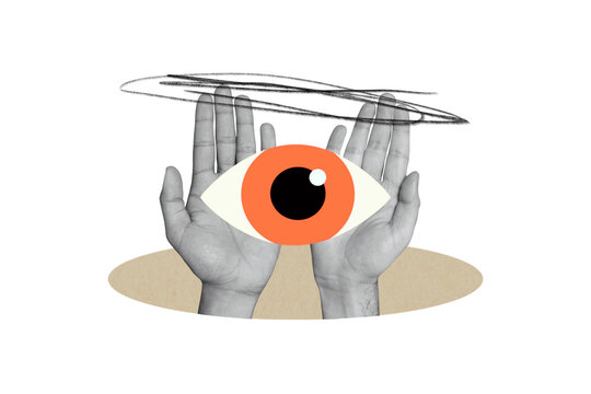 Composite art 3d creative image collage of hands hold jewish eyeball supervision esoteric concept look spy observer watch