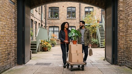 Obraz premium New tenants arrive at a converted warehouse courtyard