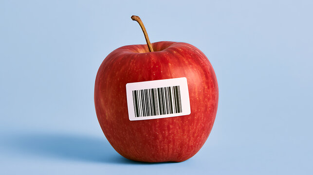 Fresh red apple Malus domestica with a price barcode sticker label isolated on pastel blue background concept for grocery store retail mark