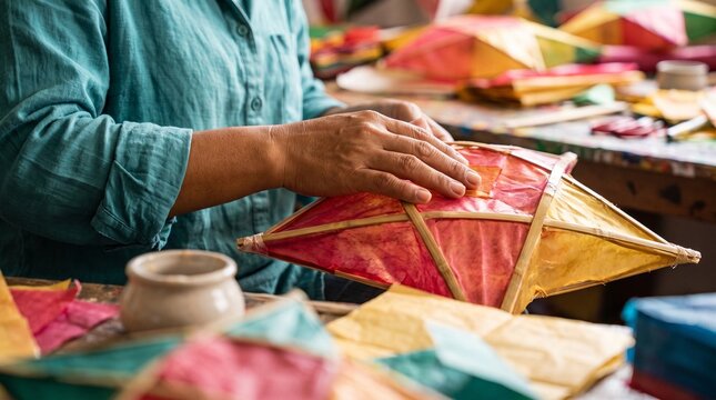 Hands fasten colorful paper onto a parol lantern