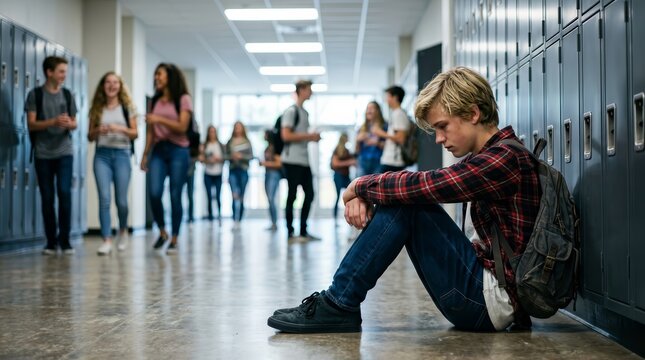 Sad teenage boy sitting alone in a school hallway while classmates ignore him.