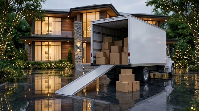 A large white moving truck parked in front of a luxurious modern house with cardboard boxes.