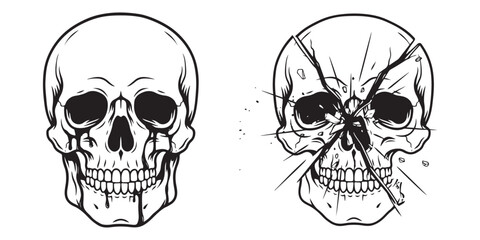 Fototapeta premium Human skull illustration set featuring blood drip effects and shattered glass cracks for horror art.