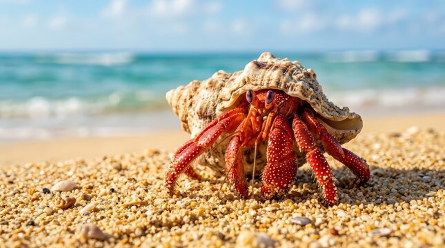 A vibrant red hermit crab emerges from a seashell on a sunny beach.